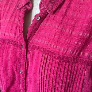 Anthropologie Pink/Metallic Pintuck Button-Up Tunic Shirt-Dress